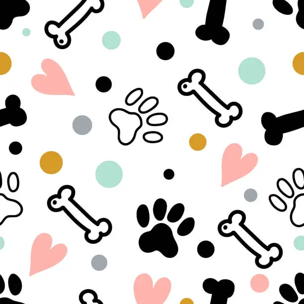 Vector illustration of Dog paw and bone. Funny children's seamless pattern.