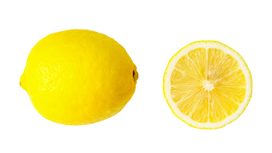 Top view of fresh yellow lemon fruit with half in set is isolated on white background with clipping path.