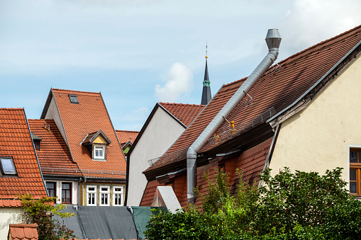 Many different gables of several roofs of houses in a small German town.