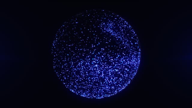 Blue glowing 3d sphere of shining particles seamlessly flowing. Snow globe animation. Magic globe with blue and white snowflakes. Winter, snow, holidays, New Year and Christmas. 3d snow sphere. 4k.