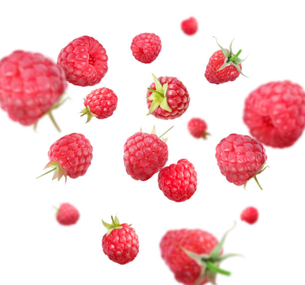 istock Many fresh ripe raspberries falling on white background 1927628344
