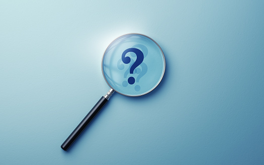 3d Render Question Mark Icon selected with metallic magnifying glass on soft blue background, It can be used for concepts such as research, problem, problems. (close-up)