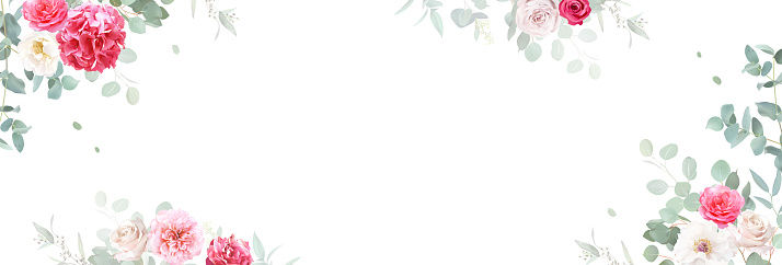 Floral vector banner. Hand painted plants, flowers, leaves on white background. Greenery botanical wedding invitation. Watercolor style. Natural card design. All elements are isolated and editable.
