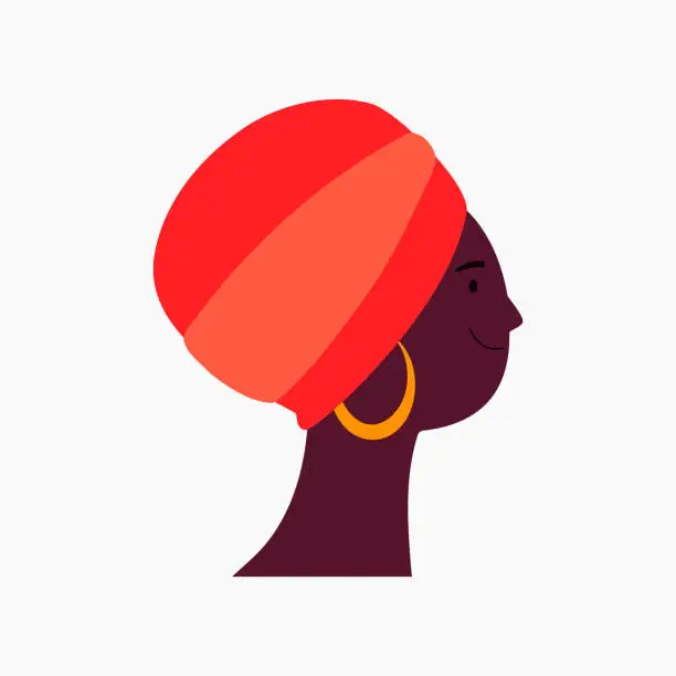 Vector illustration of Beautiful black woman in a turban, face isolated
