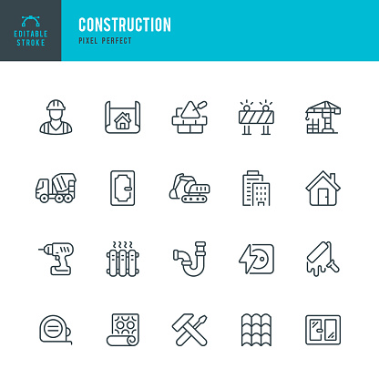 Construction - set of vector linear icons. 20 icons. Pixel perfect. Editable outline stroke. The set includes a Construction, Construction Worker, Crane, Backhoe, Cement Truck, Residential Building, Work Tool, Hammer, Drill, Radiator, Door, Window, Water Pipe, Roof Tile, House, Brickwork, Electricity, House Painter.