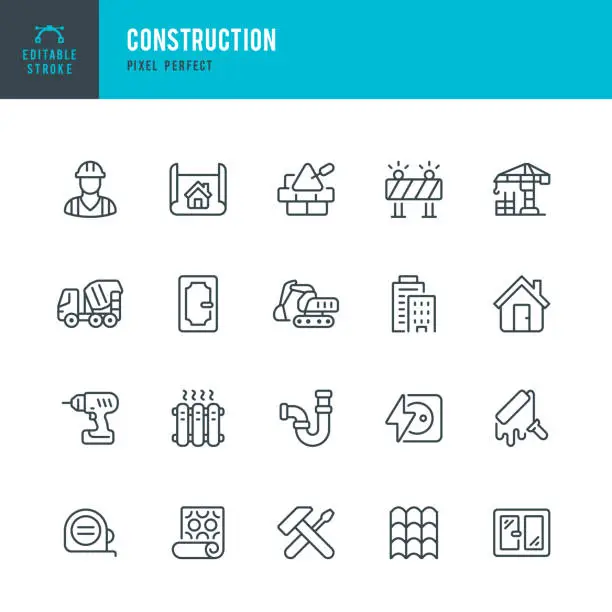 Vector illustration of Construction - set of vector linear icons. Pixel perfect. Editable stroke. The set includes a Construction, Construction Worker, Crane, Backhoe, Cement Truck, Residential Building, Work Tool, Drill, Radiator, Door, Window, Water Pipe, Roof Tile, House, Br