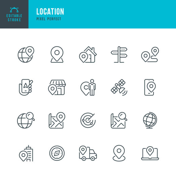 location - 벡터 선형 아이콘 세트입니다. 완벽한 픽셀. 편집 가능한 획. 세트에는 위치, 나침반, 지도 핀 아이콘, 지도, 여행 목적지, 휴대폰, 방향 표지판, 지구본, 배달 밴, 위치, 경로 검색, 위성, � - iphone computer icon symbol google stock illustrations