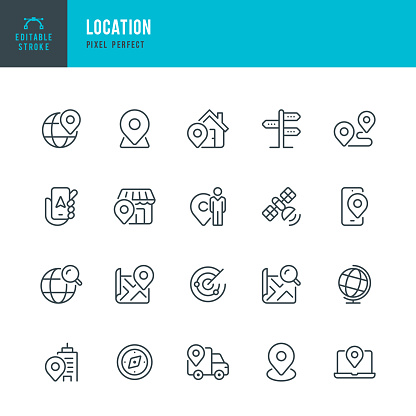 Location - set of vector linear icons. 20 icons. Pixel perfect. Editable outline stroke. The set includes a Location, Compass, Map Pin Icon, Map, Travel Destination, Mobile Phone, Directional Sign, Globe, Delivery Van, Position, Route Search, Satellite, Famous Place.