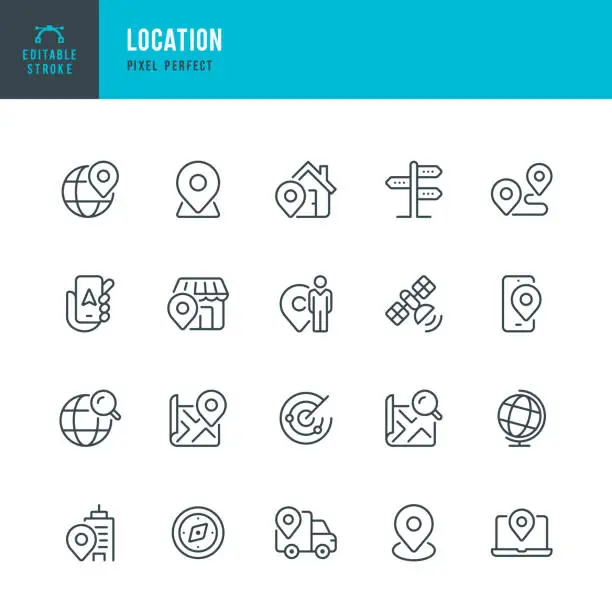 Vector illustration of Location - set of vector linear icons. Pixel perfect. Editable stroke. The set includes a Location, Compass, Map Pin Icon, Map, Travel Destination, Mobile Phone, Directional Sign, Globe, Delivery Van, Position, Route Search, Satellite, Famous Place.