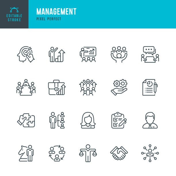 Management - set of vector linear icons. Pixel perfect. Editable stroke. The set includes a Manager, Leadership, Balanced Solution, Business Meeting, Teamwork, Motivation, Personal Target, Employee, Group Of People, Business Strategy, Education Training C Management - set of vector linear icons. 20 icons. Pixel perfect. Editable outline stroke. The set includes a Manager, Leadership, Balanced Solution, Business Meeting, Teamwork, Motivation, Personal Target, Organized Group, Business Strategy, Education Training Class, Interview, Handshake, Women, Men, Administrator, Employee, Team Building. conference table stock illustrations