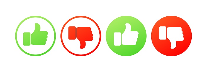 Like and dislike icons. Flat, color, thumbs up and thumbs down set, likes and dislikes icons. Vector icons