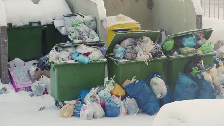 Overflowing garbage cans in winter, storage and collection of waste