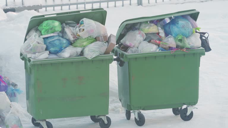 Overflowing garbage cans in winter, storage and collection of waste