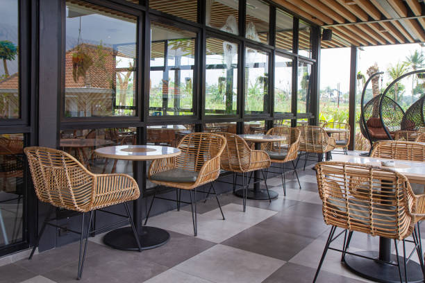 istock empty sreet cafe bar with stylish rattan chair and table 1927669223