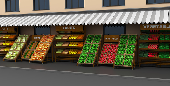 Vegetable and fruit market, wooden storefronts under a canopy outside the building. 3d illustration