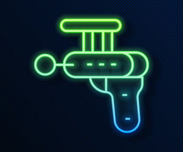 ilustrações, clipart, desenhos animados e ícones de glowing neon line ray gun icon isolated on blue background. laser weapon. space blaster. vector - laser gun shooting space laser