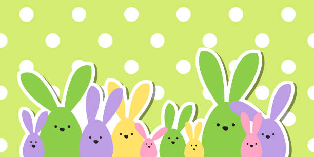 Celebration Greeting Easter card, colorful easter bunny family on polka dot background vector art illustration
