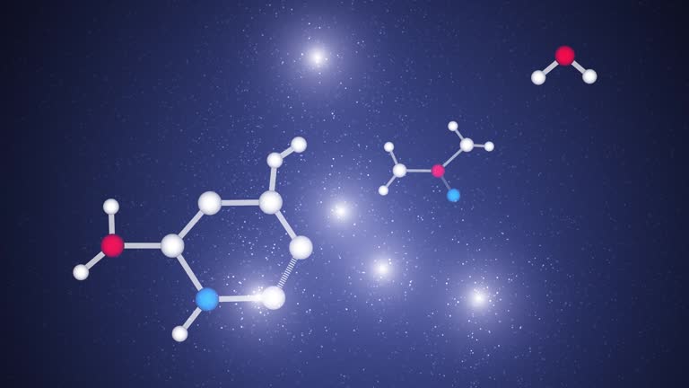 Abstract 3d chemistry chemical molecule bonds model movement on blue background seamless loop copy space background.