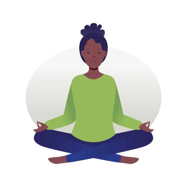 Vector illustration of Woman practicing positive mental health zen techniques through yoga or meditation. Flat color illustration.
