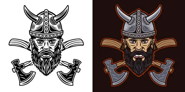 Vector illustration of Viking head and two crossed axes vector illustration in two styles black on white and colorful on dark background