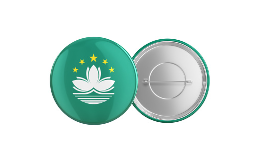 3d Render Macao Flag Badge Pin Mocap, Front Back Clipping Path, It can be used for concepts such as Policy, Presentation, Election.