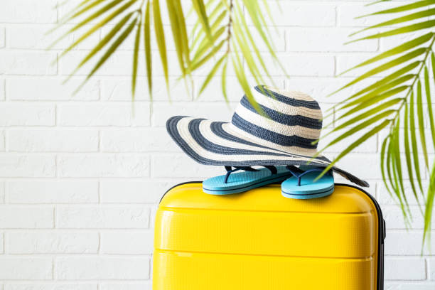 istock Suitcase, hat and flip flops with palm leaves. 1927789048