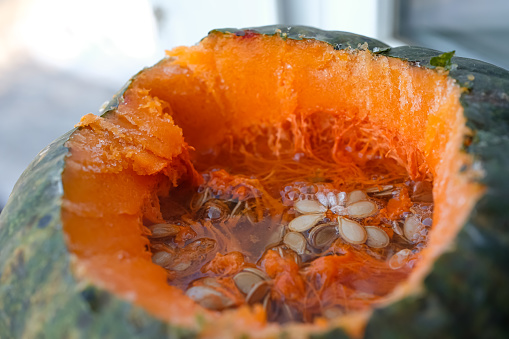 Frozen pumpkin. Flesh and seeds of pumpkin.