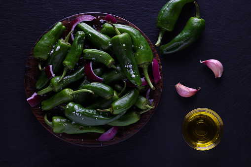Padron Peppers, named after the Spanish town Padron, being prepared to fry