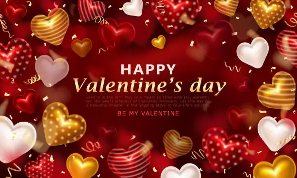 Vector illustration of Happy Valentines Day banner with 3d colorful hearts and realistic confetti ribbons