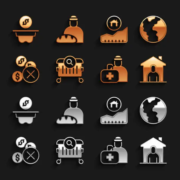 Vector illustration of Set Searching for food, Global economic crisis, Shelter homeless, First aid kit, No money, Rising cost of housing, Donation and Feeding the icon. Vector