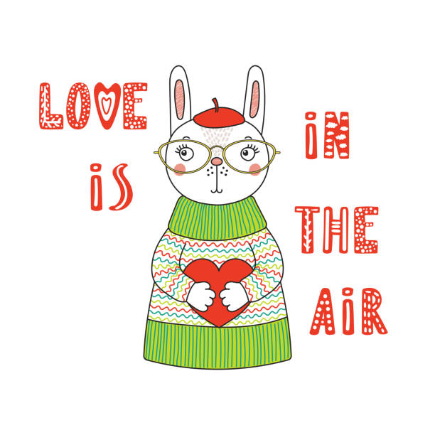 ilustrações de stock, clip art, desenhos animados e ícones de cute bunny with a heart - sweater cardigan isolated white background