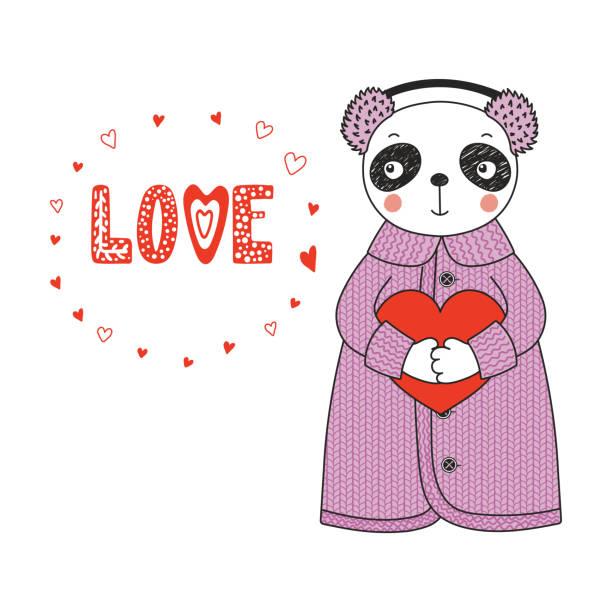 illustrations, cliparts, dessins animés et icônes de panda mignon avec un cœur - young animal baby panda red