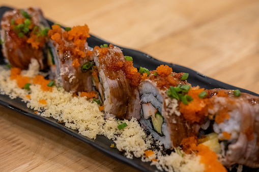 Wagyu Sushi roll on plate
