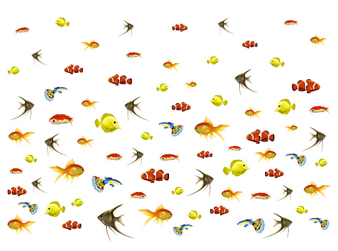 3D illustration of a background with tropical fishes