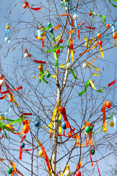 Traditional Czech Easter Tree on blue sky background close-up. Czech culture.
