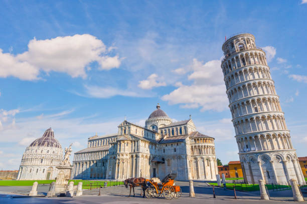 Horse on square in Pisa Horse with carriage on the square with Pisa leaning tower and cathedrals, Italy pisa leaning tower of pisa tower famous place stock pictures, royalty-free photos & images