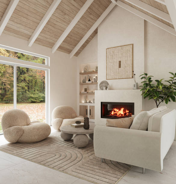 Modern living room with fireplace, beautiful furniture and rafter ceiling, 3d rendering Modern living room with fireplace, beautiful furniture and rafter ceiling fireplace and armchair stock pictures, royalty-free photos & images
