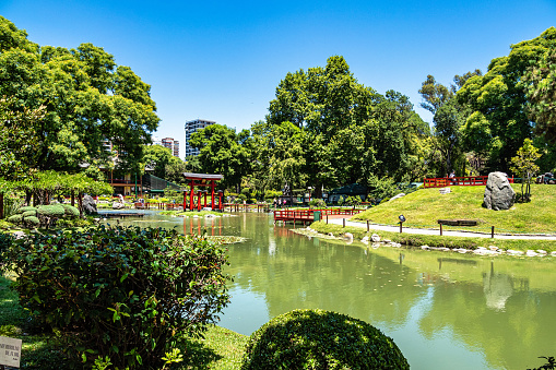 Buenos Aires, Argentina - Dec 14, 2023: The Buenos Aires Japanese Garden, Jardin Japones is a public garden in Buenos Aires, Argentina. One of the largest Japanese gardens in the world outside Japan.