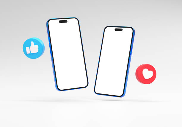 istock Social network post mockup on two floating mobile phones white screens and like notifications on a white background in 3D rendering 1927906870