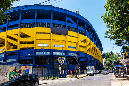 Buenos Aires, Argentina - Dec 16, 2023: Exterior of La Bombonera soccer stadium, Boca Juniors in La Boca, Buenos Aires in Argentina