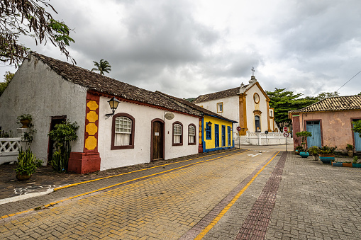 Santo Antonio de Lisboa, Brazil - Dec 24, 2023: Typical colonial, portuguese houses in Santo Antonio de Lisboa village, Florianopolis, Brazil. A tourist destination in Florianopolis