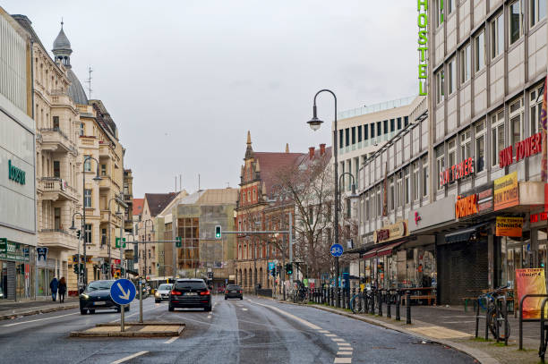 Berlin, Germany - January 1, 2024: Cityscape with a main street in Berlin-Neukoelln on New Year's Day.