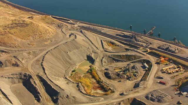AERIAL Aggregate quarry along Columbia River, USA