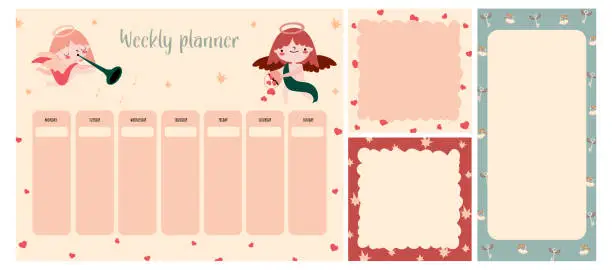 Vector illustration of Set of weekly planners . Kids schedule of classes. Notes and to do list. Memo pages with flowers, bunny,  ice cream, cupid.