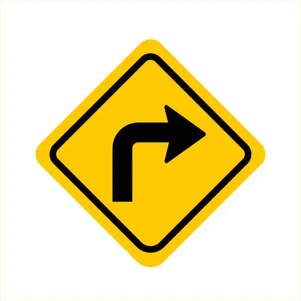 Vector illustration of Turn right yellow road sign.