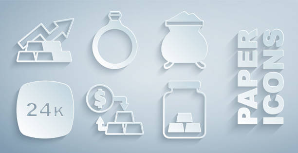 Set Gold exchange money, Molten gold being poured, bars 24k, ring and Growth arrow with icon. Vector Set Gold exchange money Molten gold being poured bars 24k ring and Growth arrow with icon. Vector. heat transfer fluid stock illustrations