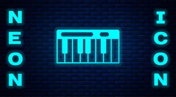 Vector illustration of Glowing neon Music synthesizer icon isolated on brick wall background. Electronic piano. Vector
