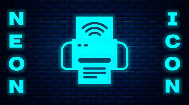 Vector illustration of Glowing neon Smart printer system icon isolated on brick wall background. Internet of things concept with wireless connection. Vector