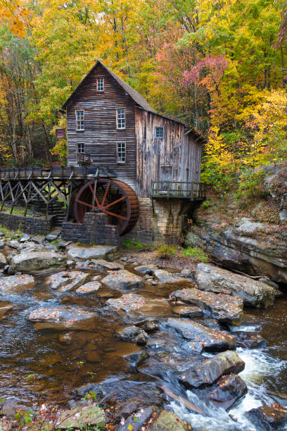 glade creek grist mill - autumn watermill glade creek waterfall стоковые фото и изображения