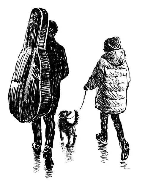 Vector illustration of Hand drawing of little girl with her dog and musician parent carrying cello in a case walking together under umbrella along city street, isolated on white vector illustration